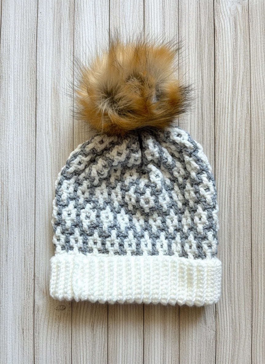 Mosaic Winter Hat in Gray and Soft White colors - All Ages - Gender neutral
