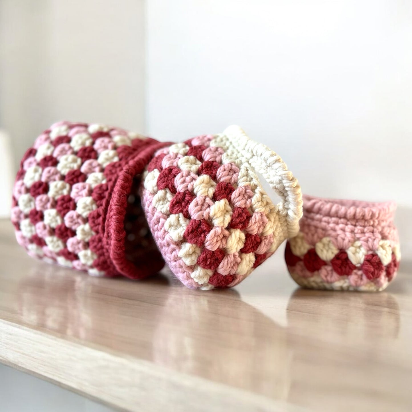 Set of 3 Handmade Nested Granny style Baskets Pink color