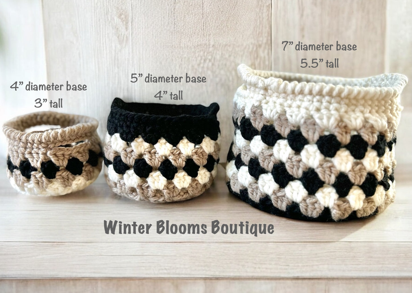 Set of 3 Handmade Nested Granny style Baskets Neutral Earthy color