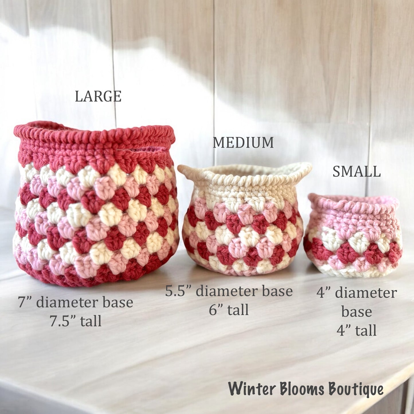 Set of 3 Handmade Nested Granny style Baskets Pink color