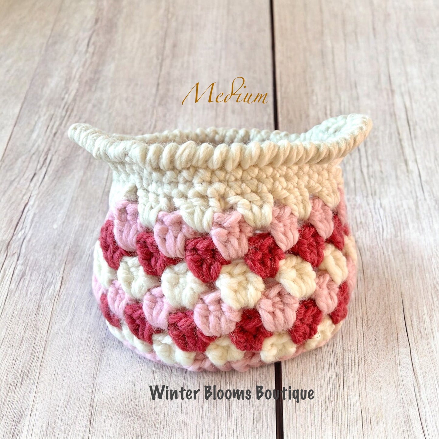 Set of 3 Handmade Nested Granny style Baskets Pink color