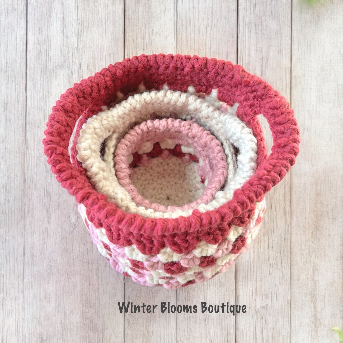 Set of 3 Handmade Nested Granny style Baskets Pink color