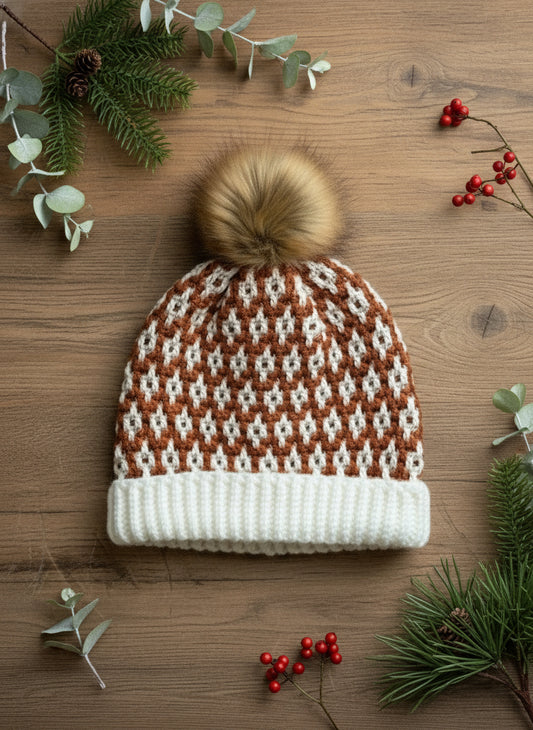 Mosaic Winter Hat in Orange Rust and Soft White colors - All Ages - Gender neutral