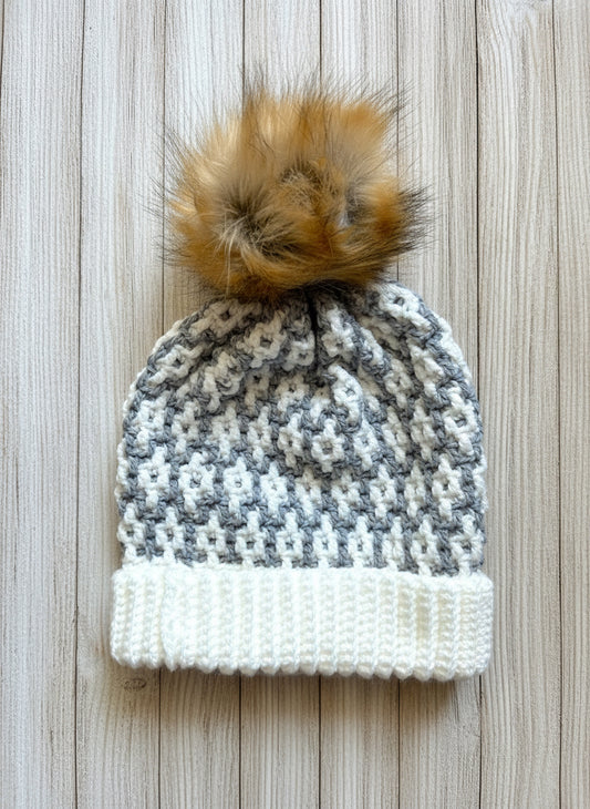 Mosaic Winter Hat in Gray and Soft White colors - All Ages - Gender neutral