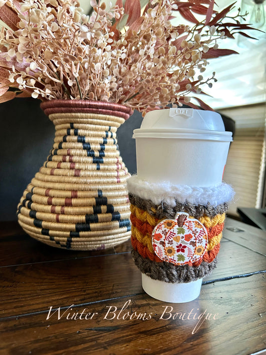 Pumpkin with Fall Flowers themed Drink Cozy Sleeves