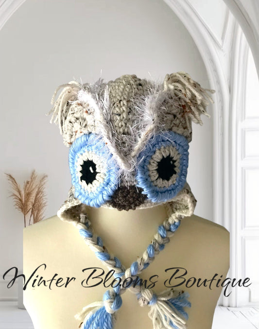 Owl Hat in Beige and Blue